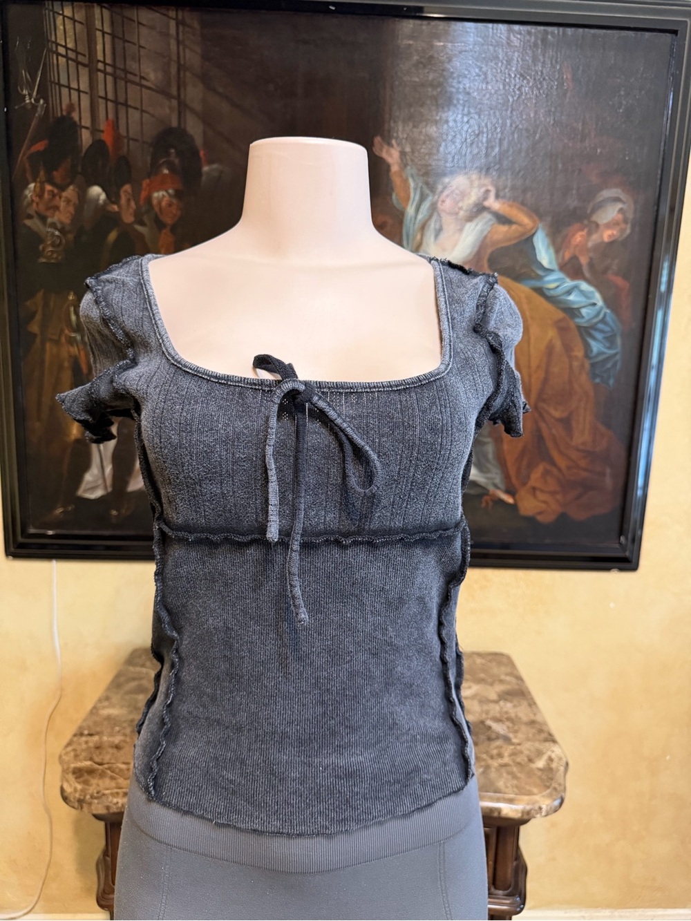Smocked Square-Neck Knit Top in Charcoal